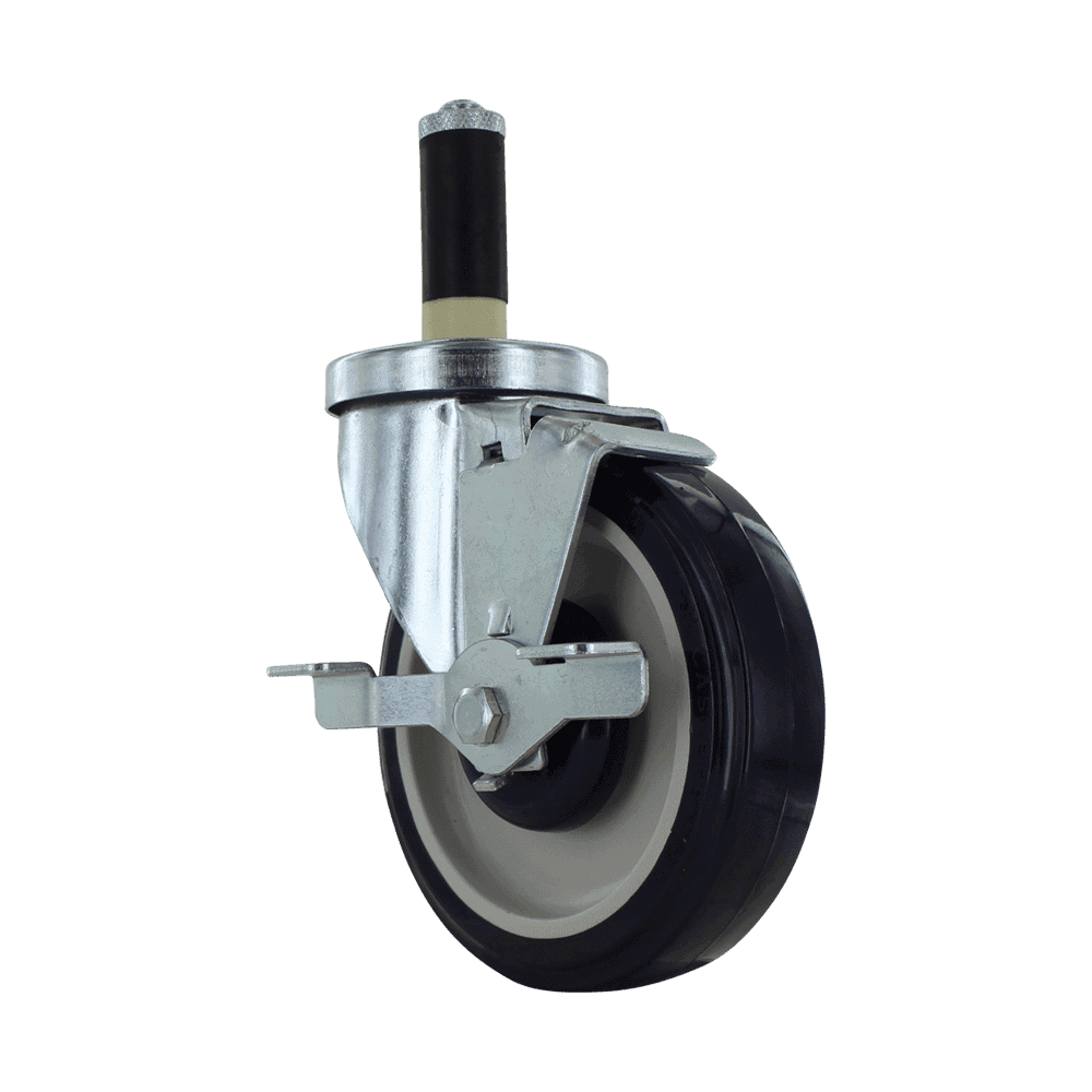 Industrial caster wheel with metal mounting and rubber tire for heavy equipment.