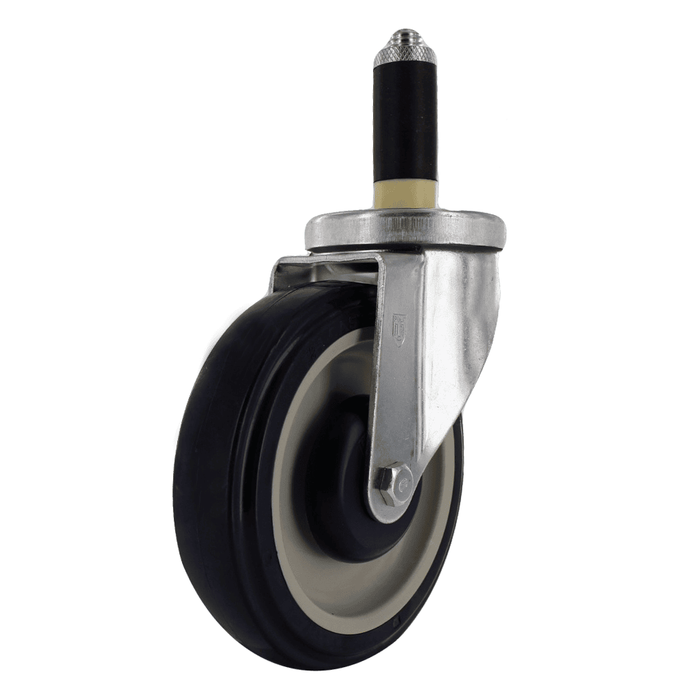 Industrial caster wheel with metal mounting and rubber tire for heavy loads.