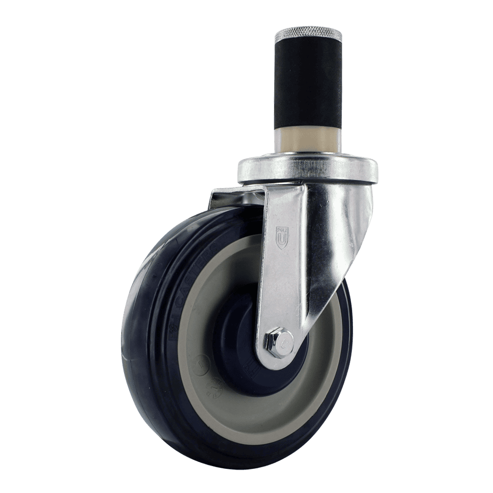 Industrial caster wheel with metal frame and rubber tire for heavy loads.
