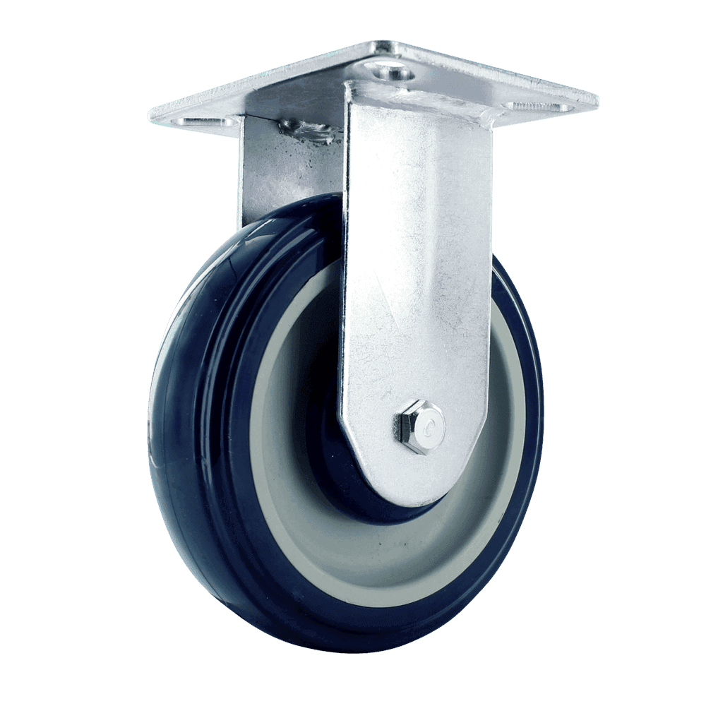 Industrial caster wheel with metal mounting plate and rubber wheel for heavy loads.