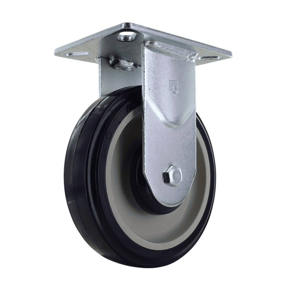 Industrial caster wheel with metal mounting plate and rubber tire for heavy loads.