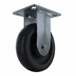 Durable black caster wheel with metal mounting plate for industrial use.