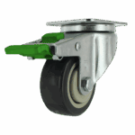 Industrial caster wheel with green locking mechanism and durable rubber tire.