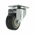 Industrial caster wheel with metal frame and rubber tire for heavy loads.