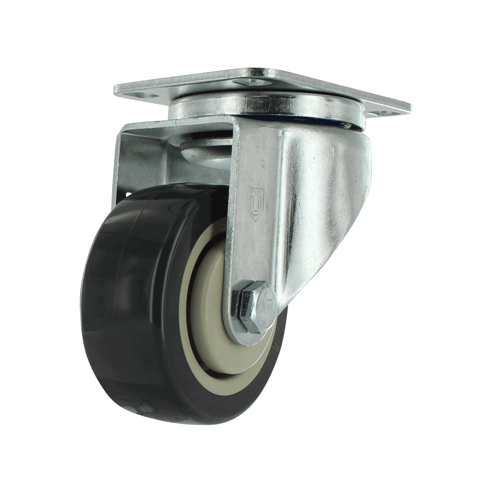 Industrial caster wheel with metal frame and rubber tire for heavy loads.