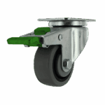 Industrial caster wheel with green locking mechanism and metal frame.