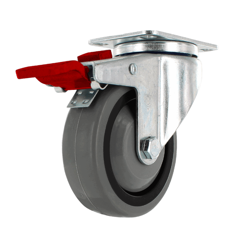 Industrial caster wheel with brake for heavy equipment mobility.