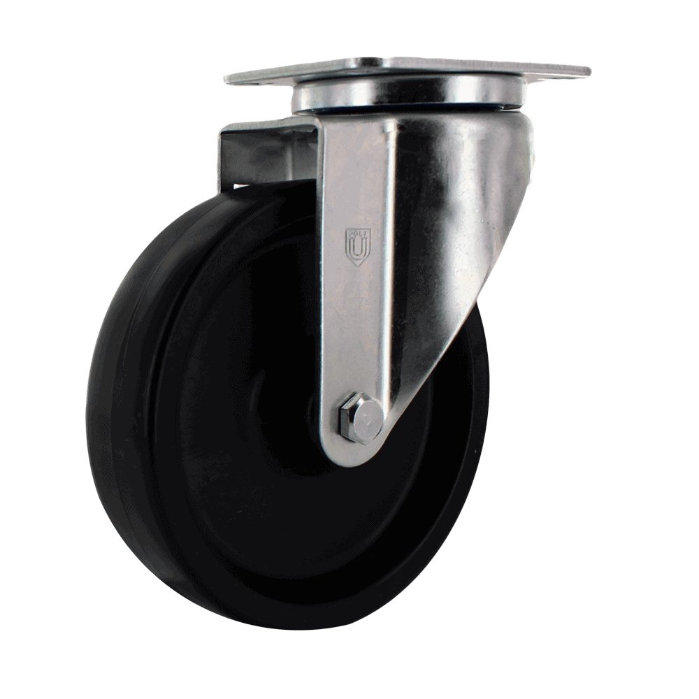 Industrial caster wheel with metal mounting plate and black rubber wheel.