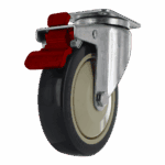 Industrial caster wheel with brake and sturdy metal frame for heavy loads.