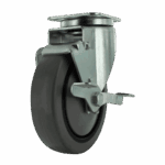 Industrial caster wheel with metal mounting plate and rubber wheel for heavy loads.