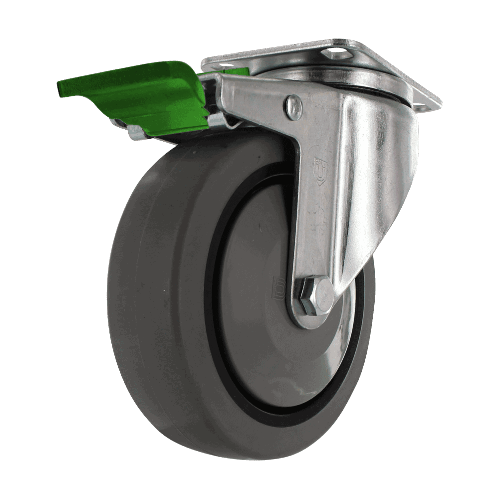 Industrial caster wheel with green locking mechanism for heavy equipment.