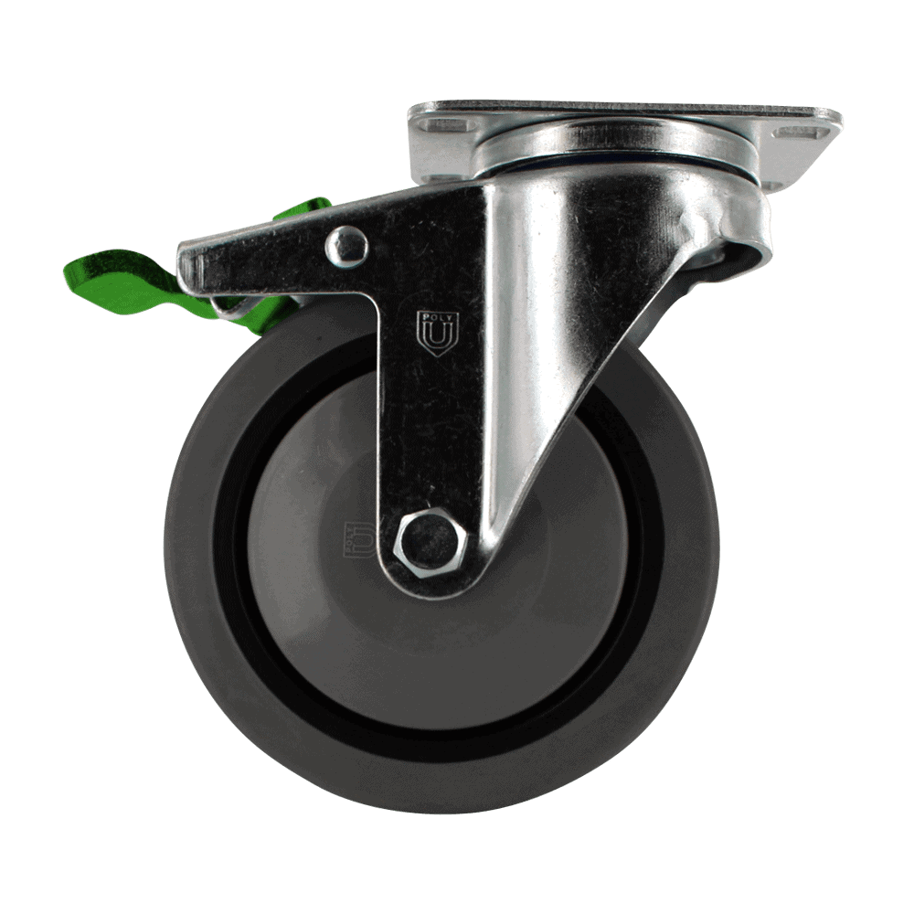 Industrial caster wheel with metal mounting plate and rubber tire for heavy loads.