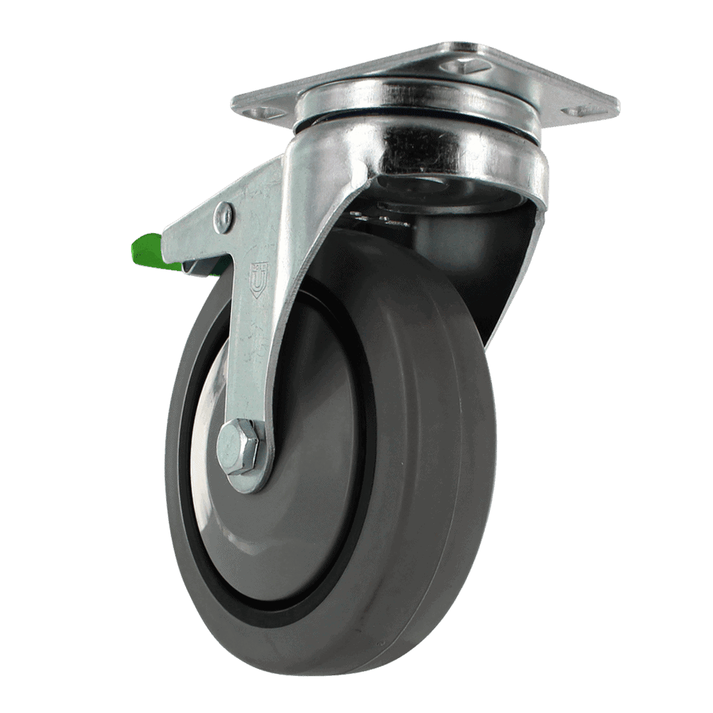 Industrial caster wheel with metal mounting plate and rubber tire for heavy loads.