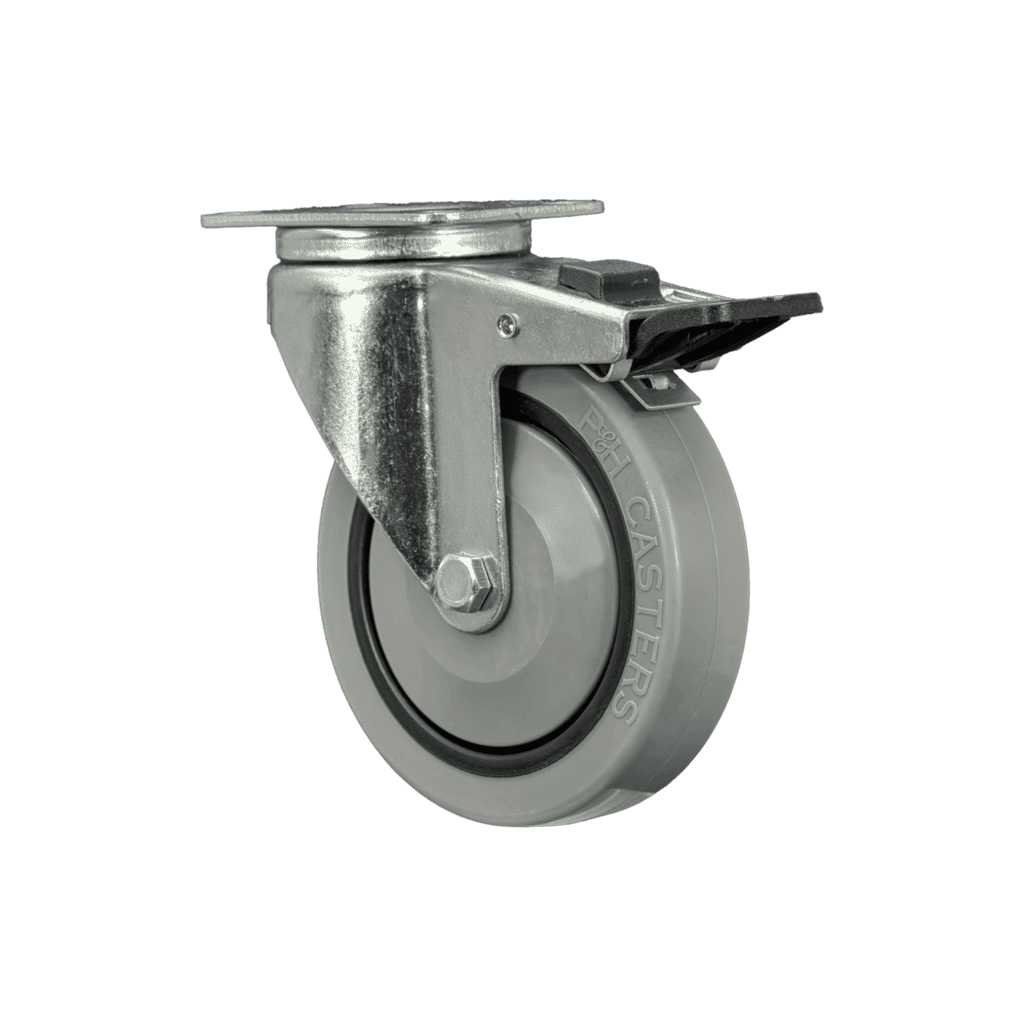 Industrial caster wheel with metal mounting plate and rubber wheel for heavy loads.