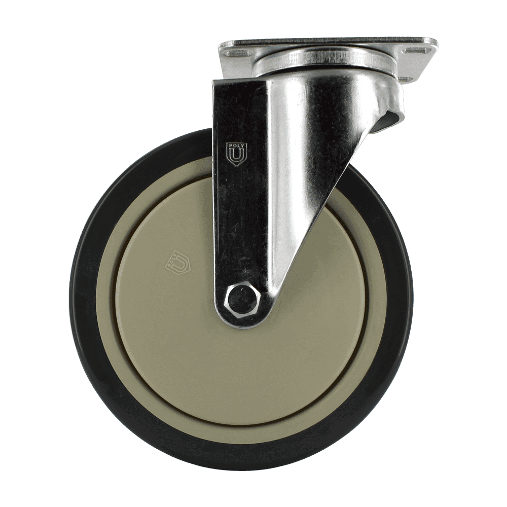 Industrial caster wheel with metal mounting plate and rubber tire for heavy loads.