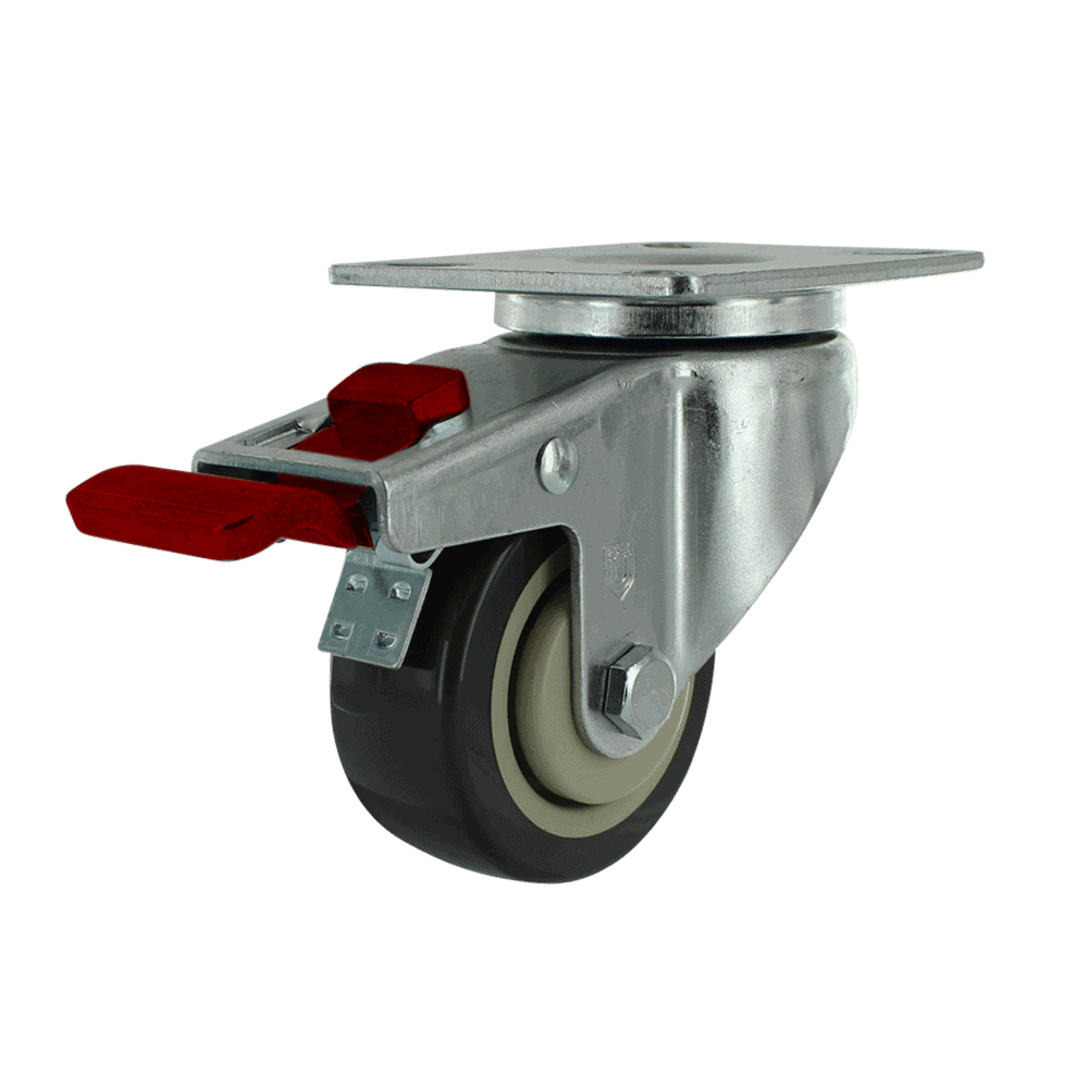 Industrial caster wheel with brake and mounting plate for heavy equipment.