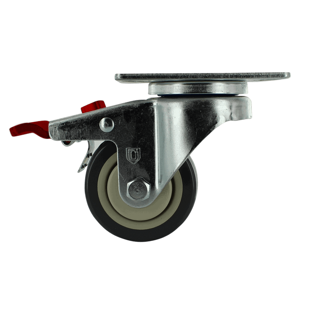 Industrial caster wheel with metal frame and rubber tire for heavy loads.