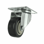 Industrial caster wheel with metal mounting plate and rubber wheel for heavy loads.