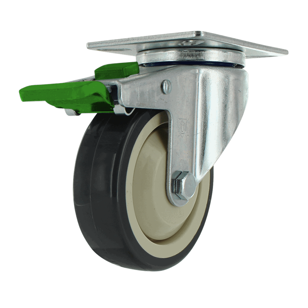 Industrial caster wheel with green locking mechanism and durable rubber tire.