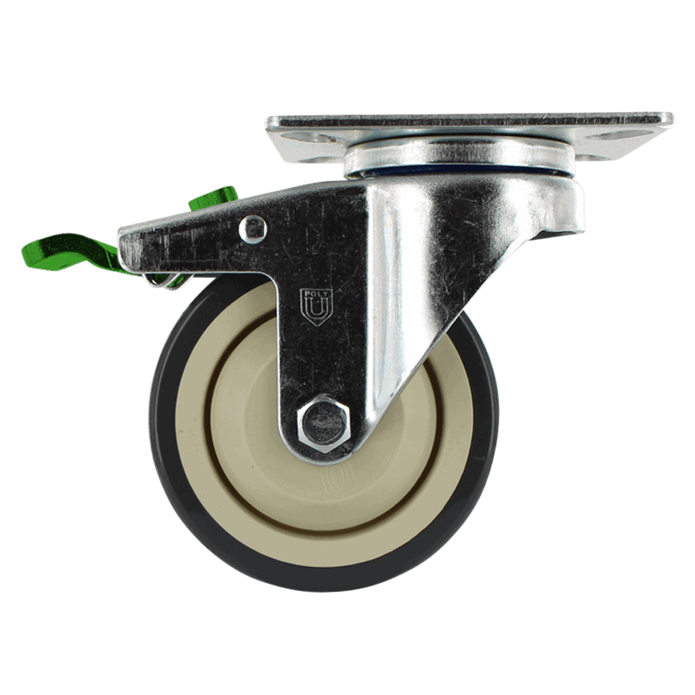 Industrial caster wheel with metal mounting plate and durable rubber tire.