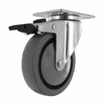 Industrial caster wheel with metal mounting plate and rubber tire for heavy loads.