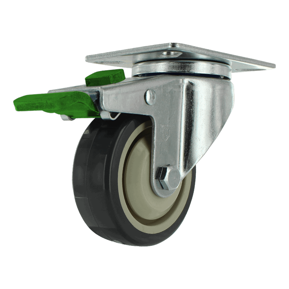 Industrial caster wheel with green locking mechanism and durable rubber tire.