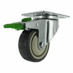 Industrial caster wheel with green locking mechanism and durable rubber tire.