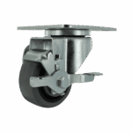 Industrial caster wheel with metal mounting plate and locking mechanism.