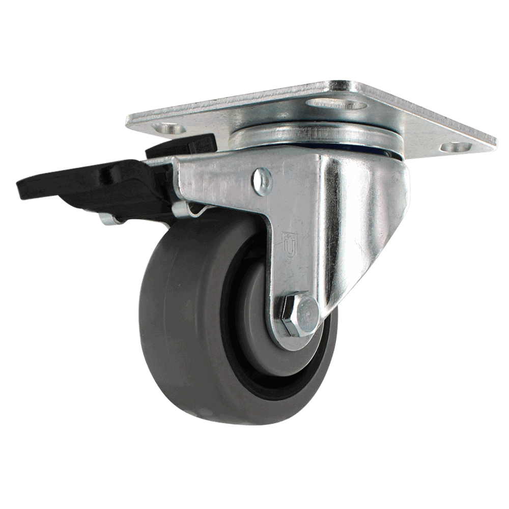 Industrial caster wheel with metal mounting plate and rubber wheel for heavy loads.