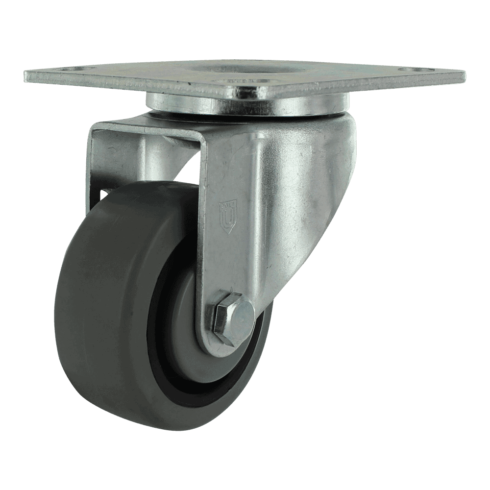Industrial caster wheel with metal mounting plate and rubber wheel for heavy loads.