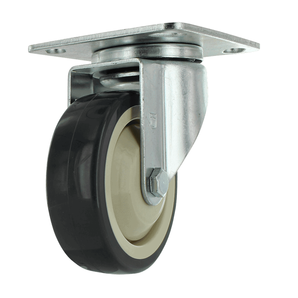 Industrial caster wheel with metal mounting plate and rubber wheel for heavy loads.