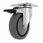 Industrial caster wheel with metal mounting plate and rubber wheel for heavy loads.