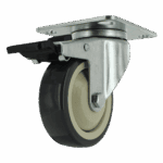 Industrial caster wheel with metal mounting plate and durable rubber wheel.