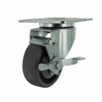 Industrial caster wheel with metal mounting plate and rubber wheel for heavy loads.