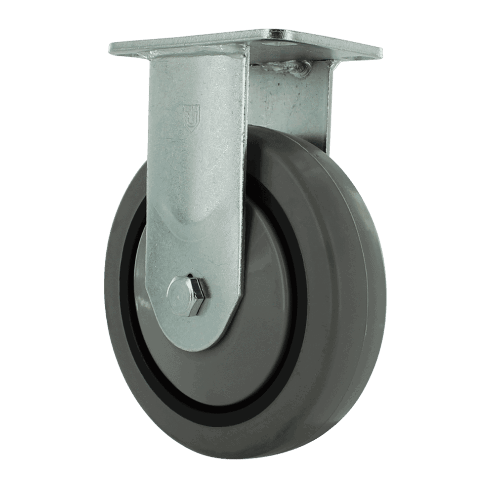 Industrial caster wheel with metal mounting plate and rubber wheel for heavy loads.