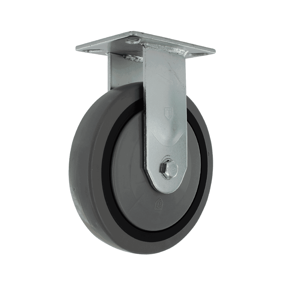 Industrial caster wheel with metal mounting plate and rubber wheel for heavy loads.