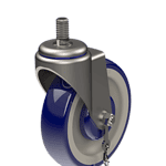 Blue and gray swivel caster wheel with mounting stem for industrial use.