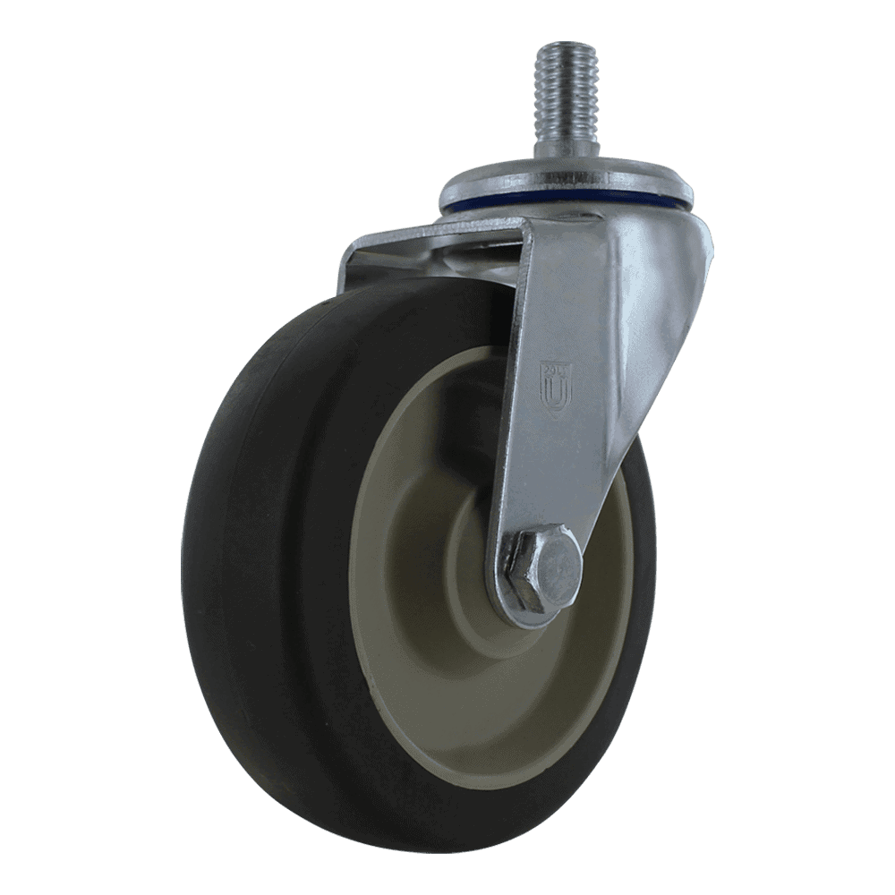 Industrial caster wheel with metal mounting and rubber tire for heavy loads.