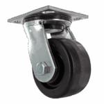 Industrial caster wheel with metal mounting plate and rubber wheel for heavy loads.