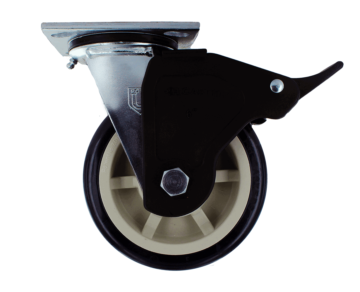 Industrial caster wheel with black housing and beige wheel for heavy-duty applications.