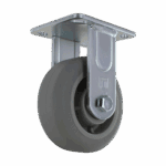 Industrial caster wheel with metal mounting plate and grey rubber wheel.