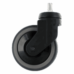 Industrial caster wheel with black rubber tire and metal mounting stem.