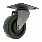 Industrial caster wheel with metal mounting plate and green rubber tire.