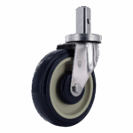 Industrial caster wheel with metal mounting plate and durable rubber tire.