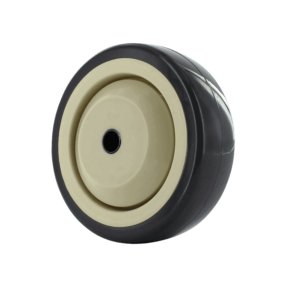 Heavy-duty black and beige caster wheel for industrial equipment.