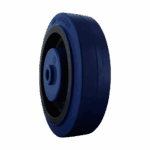 Blue 125mm soft rubber caster wheel with bore for smooth movement.