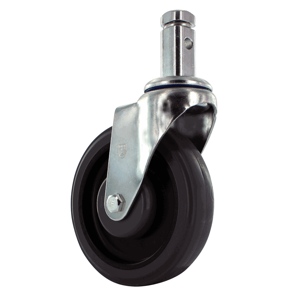 Industrial caster wheel with metal mounting plate and rubber tire for heavy loads.