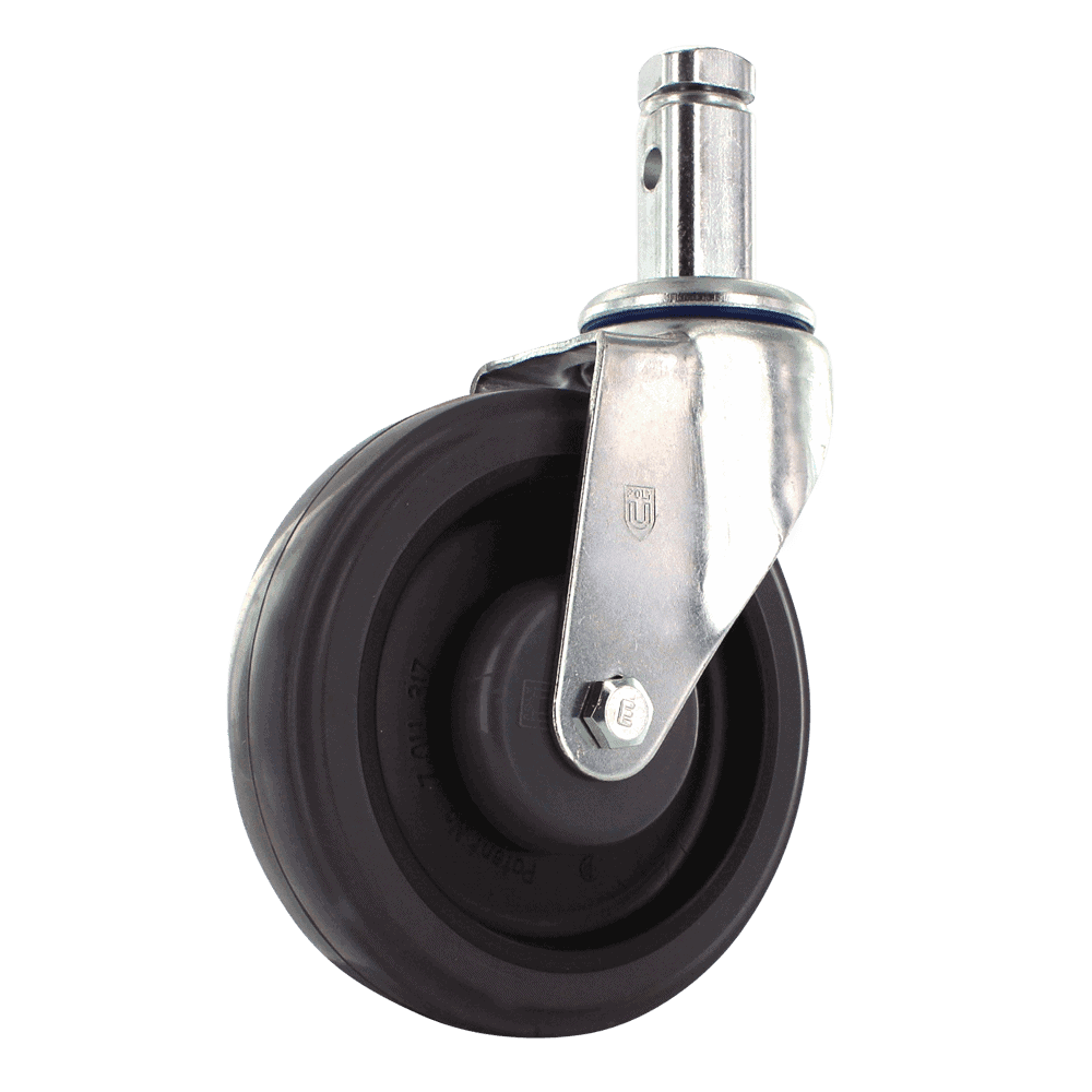 Industrial caster wheel with metal mounting and rubber tire for heavy-duty applications.