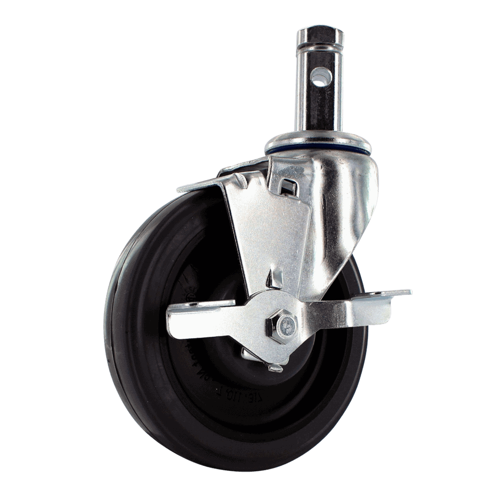 Industrial caster wheel with metal mounting and rubber tire for heavy loads.