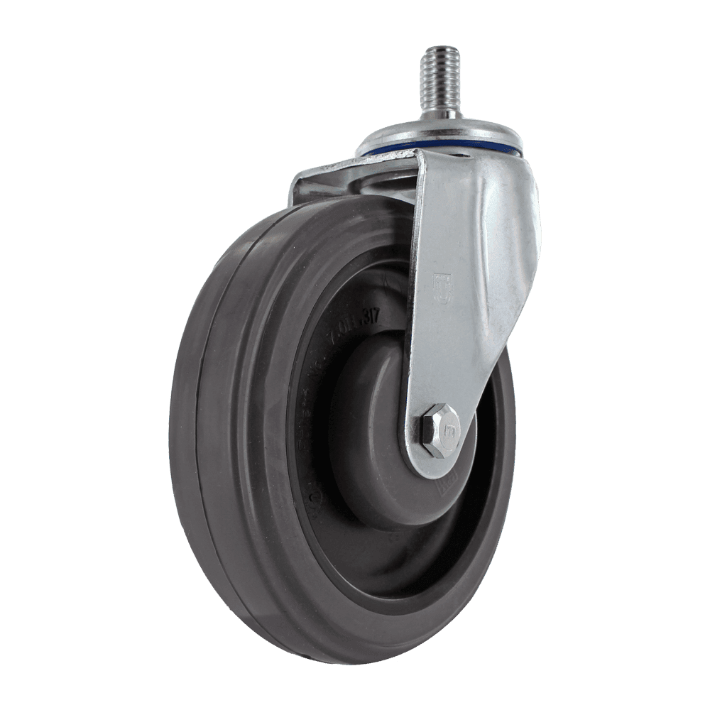 Industrial caster wheel with metal mounting plate and rubber wheel for heavy loads.